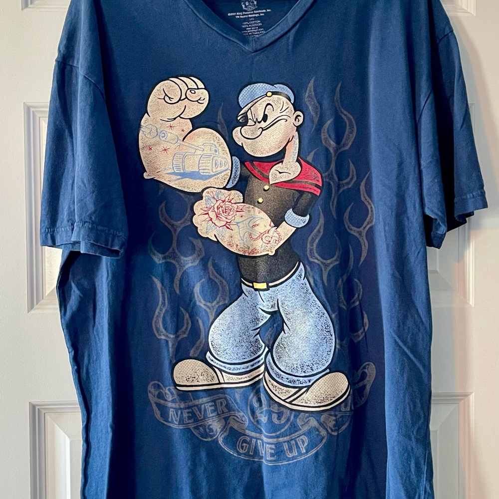 Blue Popeye Graphic V-Neck Tee Large